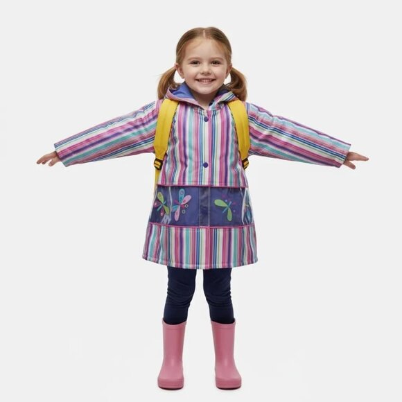 Clockwise Kids Multicolor Vertical Stripes Butterflies Print Raincoat Size 3T - Picture 1 of 10